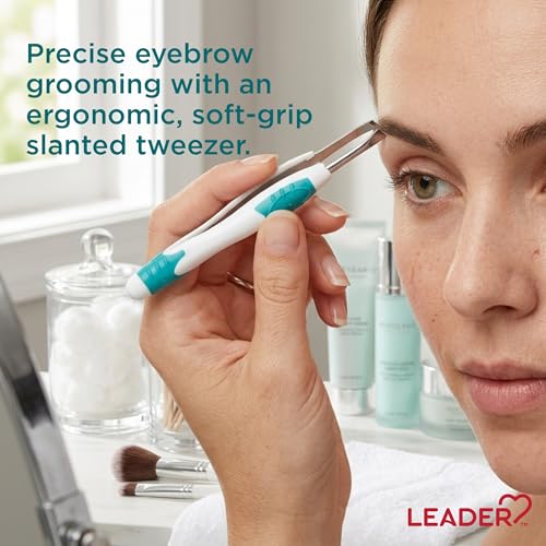LEADER Tweezers Slant Tip Precision, Easy Grip, Non-Slip Rubber, Stainless Steel, Great Precision for Eyebrows, Facial Hair, Splinter and Ingrown Hair Removal - style: Tweezers