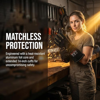 16 Inch Leather Welding Gloves, 932℉ Heat & Fire Resistant, Large Black Mitts for Welding, BBQ, Oven, Grill, Fireplace, Forge, Furnace, Stove, Pot Holder & Animal Handling - size: Large
