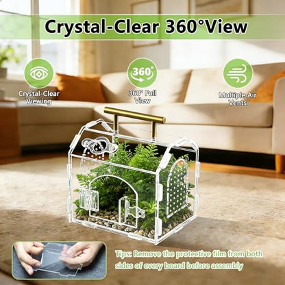5.9" × 4.7" × 5.5" Acrylic Enclosure for Jumping Spiders & Tarantulas – Transparent Terrarium with Handle & Magnetic Door, Easy to Assemble and Feed - size: Handle House Acrylic Terrarium