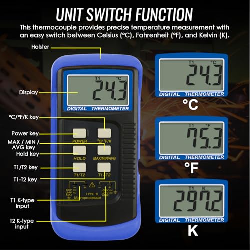 Digital K Type Thermometer with 4 Thermocouples, Dual Channels Thermocouple Tester with MAX/MIN/AVG Temperature Measurement (-501300C)