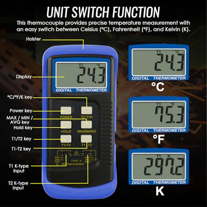 Digital K Type Thermometer with 4 Thermocouples, Dual Channels Thermocouple Tester with MAX/MIN/AVG Temperature Measurement (-501300C)