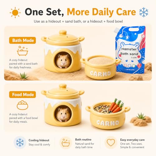 Meow&Woof Ceramic Hamster Hideout & Natural Desert Bath Sand Set, 4-in-1 Cooling Ceramic Cave with 2.2 lb Unscented Low-Dust BathSand, Small Animal House, Bowl and Daily Care Set