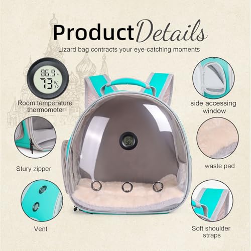 Bearded Dragon Travel Backpack Carrier with Reptile Thermometer and Humidity Gauge Lizard Travel Cage Space Capsule Clear Bubble Window Astronaut Reptile Bag for Ball Python (Green, Backpack+PG LSH) - color: Green, size: Backpack+PG LSH
