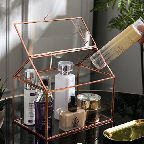 House Shape Close Glass Geometric Terrariumn Tabletop Succulent Plant Garden Geo Planter Moss Fern Swing Lid Reptile, Flower Pot for Plants Succulent, Air Plant (Rose Gold) - color: Rose Gold