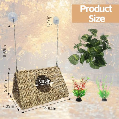 Reptile Hide Cave,Hanging Seagrass Fiber Bearded Dragon Hammock Swing Climbing Toys with Plants Decor,Gecko Hideout Hollow Cave Tank Accessories for Lizard Snake-Triangle L - size: Triangle L:9.84*7.09*5.91"