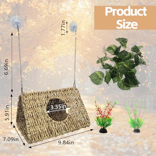 Reptile Hide Cave,Hanging Seagrass Fiber Bearded Dragon Hammock Swing Climbing Toys with Plants Decor,Gecko Hideout Hollow Cave Tank Accessories for Lizard Snake-Triangle L - size: Triangle L:9.84*7.09*5.91"