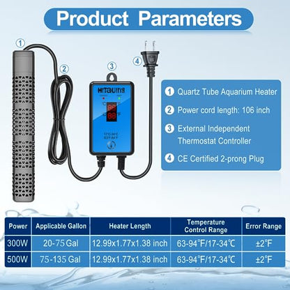 HiTauing Aquarium Heater, Upgraded 300W/500W Fish Tank Heater with Intelligent Leaving Water Automatically Stop Heating and Advanced Temperature Control System, Suitable for Saltwater and Freshwater - size: 300W for 40-75 Gallon