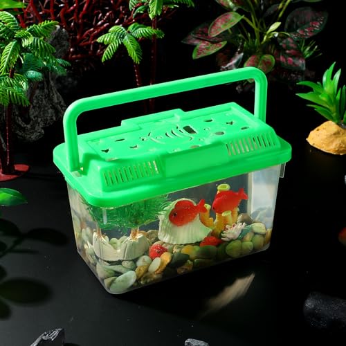 Toyvian Small Portable Fish Tank with Handle, Clear Plastic Travel Critter Carrier with Ventilated Lid for Turtles Hamsters Reptiles Small Pets