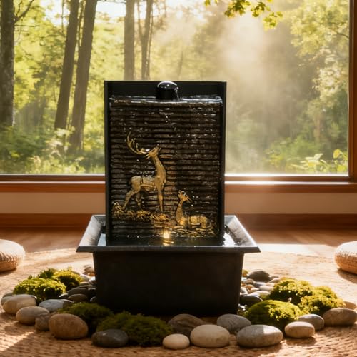Water Wall Waterfall Fountain, Gold Deer Relief Wall Fountain for Home Office, Indoor Zen Vertical Waterfall with Warm Light for Zen Relaxation & Decor - color: Style 9