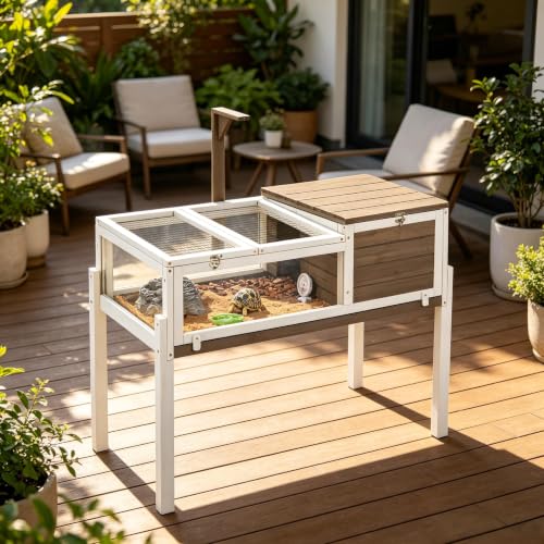 PetsCosset Tortoise Habitat with Detachable Legs, Wooden Indoor & Outdoor Turtle Enclosure, Two-Room Reptile House, Large Observation Windows, Removable Pull-Out Tray, for Tortoises - size: 37.2"L x 22.8"W x 32.3"H