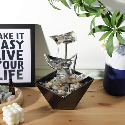 Tabletop Water Fountain Indoor - Handcrafted 3-Tier Waterfall 304 Metal | Easy "+" "-" On/Off Switch, Quiet Pump, Zen Relaxation for Office, Living Room, or Bedroom, Durable Desktop Fountain - color: Black