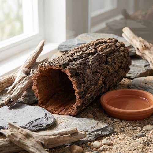 DECHOUS Natural Cork Round Reptile Hideaway 7.9x3.9 Inch Leopard Gecko Crested Gecko Terrarium Decor Wood Bark Hideout Cave for Small Reptiles Amphibians