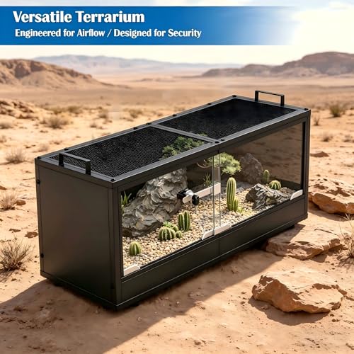 20 Gallon Reptile Terrarium Tank, Lockable Reptile Enclosure with Mesh Top & Handles, Escape-Proof Habitat Cage with Sliding Door for Snakes, Lizards, Tortoise & Small Animals, Black