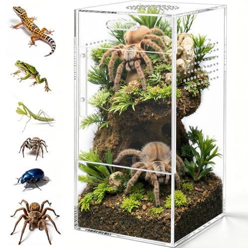 Pre-Assembled Jumping Spider Enclosure, Acrylic Terrarium with Magnetic Door & All-Side Ventilation, Habitat for Spiderling, Mantis, Tarantula, Snail (5"×5"×10") - size: Large Vertical (5"×5"×10")