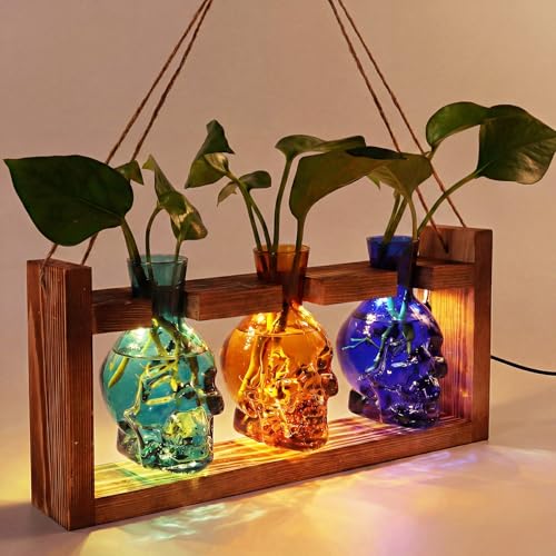 Skull Plant Propagation Station with LED Lights - Halloween Decor Skull Planter, Hydroponics Pot for Office, Unique Gifts for Women & Plant Lovers(3*Mixed Color) - color: 3*Mixed color