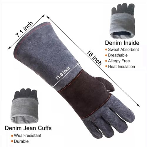 Animal Handling Gloves - 16in, Snake Bite Proof Sleeve with Double Leather Reinforced Padding, Scratch & Bite Resistance Hand Protection Cover for Falconry, Reptile Grabbing, Welding