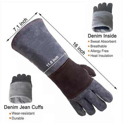 Animal Handling Gloves - 16in, Snake Bite Proof Sleeve with Double Leather Reinforced Padding, Scratch & Bite Resistance Hand Protection Cover for Falconry, Reptile Grabbing, Welding