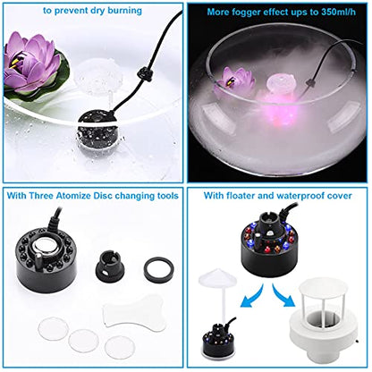 FITNATE 350ml/H Ultrasonic Mist Maker Fogger Atomizer with LED Changing Light for Water Fountain Pond Pot Rockery Sink, with Removable Splash Guard,Atomized disc and Changing Tools