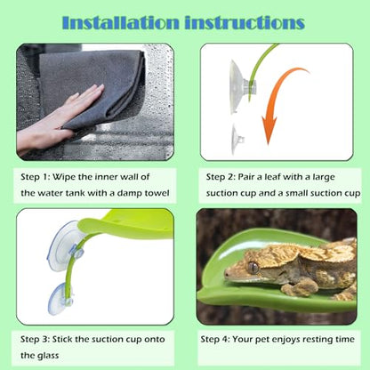 KABASI 3 Pack Plastic Leaf Platform for Reptile, Leaf-Shaped Reptile Basking Resting Spot Frog Habitat Decorations with 6pcs Suction Cups, Tree Frog Tank Accessories for African Dwarf Amphibian, Green