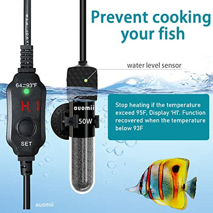 Mini Submersible Aquarium Heater,200 Watts Adjustable Fish Tank Heater, Built-in Thermometer, External Temperature Controller, Smart Memory, Used for 1-60 Gallons (200 Watts) - size: 200 Watts