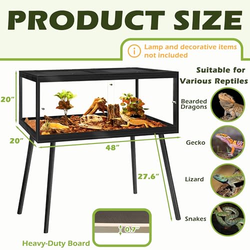 PROLEE Bearded Dragon Tank with Legs Stand 81 Gallons, Acrylic Panel Lizard Tank, Reptile Tank with Metal Mesh Roof Door (Black, 48"x20"x20") - color: Black, size: 48"x20"x20"