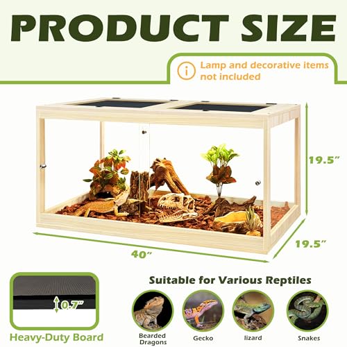 PROLEE Reptile Tank, 65 Gallon Beard Dragon Tank, Tempered Glass Reptile Encloure and Snake Tank with Locking Design for Lizard,Gecko,Chameleon (40"X19.5"X19.5",Oak) - color: Oak, size: 65 Gallon (40x19.5x19.5 Inch)
