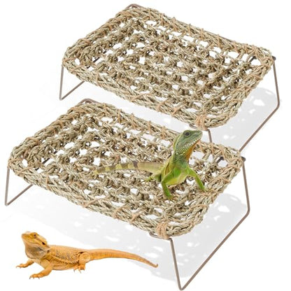 Soaoo 2 Pcs Bearded Dragon Hammock Lizard Reptile Tank with Metal Legs Collapsible Rectangle Bed Gecko Climbing Accessories for Habitats Small Animals Snake Iguana Amphibian Hermit Crab