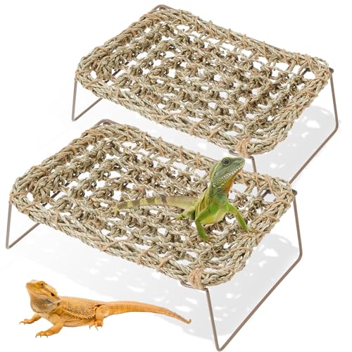 Soaoo 2 Pcs Bearded Dragon Hammock Lizard Reptile Tank with Metal Legs Collapsible Rectangle Bed Gecko Climbing Accessories for Habitats Small Animals Snake Iguana Amphibian Hermit Crab