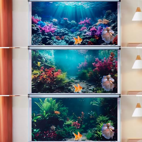 COMSUN 3 Pack Aquarium Background, 60x24 inches Polyester Aquarium Background, Cloth Fish Tank Background, Undersea Corals Sunshines & Rock Aquatic Plants - size: 60x24 Inch