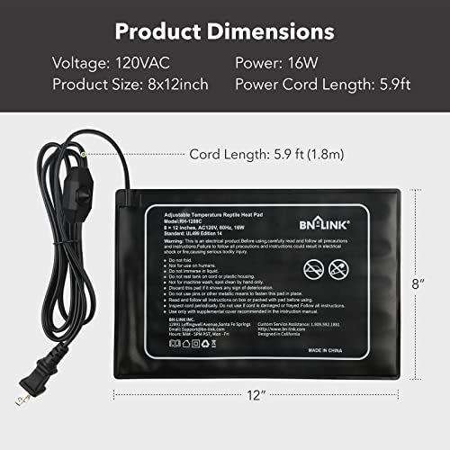 BN-LINK Reptile Heating Pad 8" X 12" with Adjust Knob and Thermostat Controller