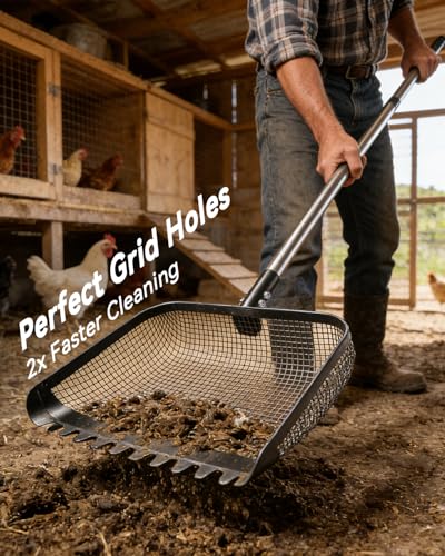 Stainless Steel Chicken Coop Scoop, 12-Inch Sifter Litter Scoop with Adjustable Handle, Heavy Duty Poop Scooper for Farm Animal Manure Cleaning, Backyard Poultry, Rabbit