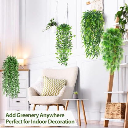 Daifunli 12 Pcs Artificial Hanging Plants Fake Hanging Ferns Plastic Fake Plant for Wall Room Garden Garland Indoor Outdoor Decor No Basket (Palm,Mandala,String of Pearls,Maple Leaf) - style: Palm, Mandala, String of Pearls, Maple Leaf