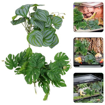 DOITOOL 2pcs Artificial Reptile Plants for Terrarium Habitat Decor with Suction Cup, Lifelike Simulation Plant Ornaments, 46 Leaves Including Watermelon and Monstera Styles for Reptile