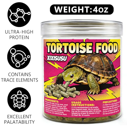 Tortoise Food with Fish Meal, Krill & Spirulina | Complete Nutrition with Vitamins A,C,D3,E & Minerals | for Sulcata, Leopard, Greek, Russian, Hermann's & Other Tortoises (4 oz)