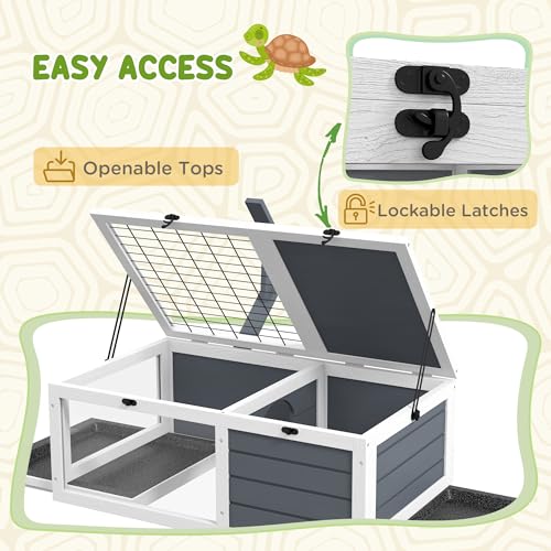 Tortoise Habitat, Wooden Tortoise House, Indoor Outdoor Tortoise Enclosure with Lamp Holder, Pull-out Waterproof Trays, Openable Lids, Gray
