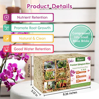 Riare 3.3 LB Premium Sphagnum Moss for Plants- 60QT Natural Long Fibered Sphagnum Peat Moss Plants Moss Dried, Carnivorous Plants Moss Orchid Potting Mix for Orchids, Carnivorous Plants, Succulent - size: 60QT/3.3lbs