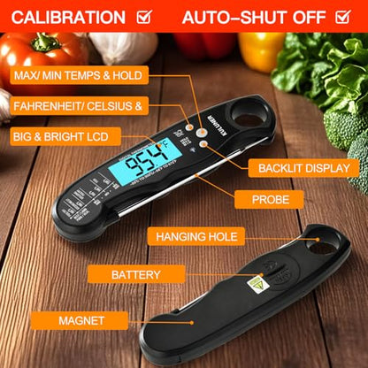 KULUNER Digital Meat Thermometer Instant Read, Waterproof Probe with Backlight & Calibration, Ultra Fast 2-3s Reading, Stainless Steel Kitchen Food Thermometer for Grilling BBQ Cooking Candy - Black - color: Black