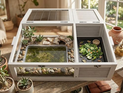 39.5" Wood Tortoise House Indoor Outdoor Turtle Habitat - XL Small Animal Hutch with 3 Acrylic Windows, Waterproof Pull-Out Tray & Sleeping Area for Lizards, Geckos, Snakes, Grey