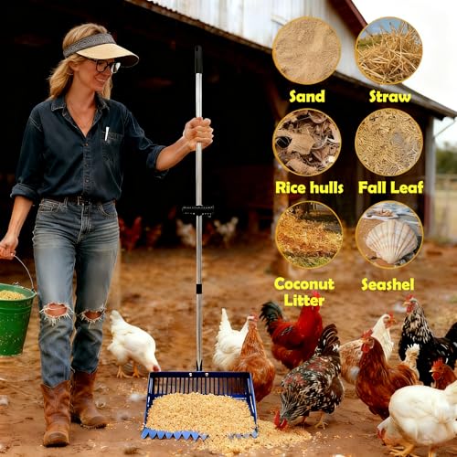Chicken Poop Scooper & Rake 2-in-1, 15" Extra Large Stainless Steel Litter Scoop, 21"-76" Adjustable Handle, Chicken Coop Cleaner for Sand, Pet Waste & Litter Sifting - color: blue