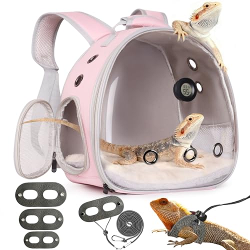 Bearded Dragon Travel Backpack Carrier with Reptile Thermometer and Humidity Gauge Lizard Travel Cage Space Capsule Clear Bubble Window Astronaut Reptile Bag for Ball Python (Pink, Backpack+PG LSH) - color: Pink, size: 12.0"L x 7.0"W x 12.0"H