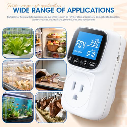 Plug in Thermostat Temperature Controlled, Heavy Duty 15A/1800W Thermostat Outlet Plug with LCD Display,-40°F~210°F Range & 0.1°F Accuracy for Aquarium Greenhouse Incubator