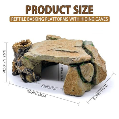 BNOSDM Reptile Hide Cave, Turtle Basking Platform, Terrarium Resin Rock Decor, Lizard Hideout Rocks Tank Accessories for Bearded Dragons, Snake, Leopard Gecko, Tortoise, Axolotls