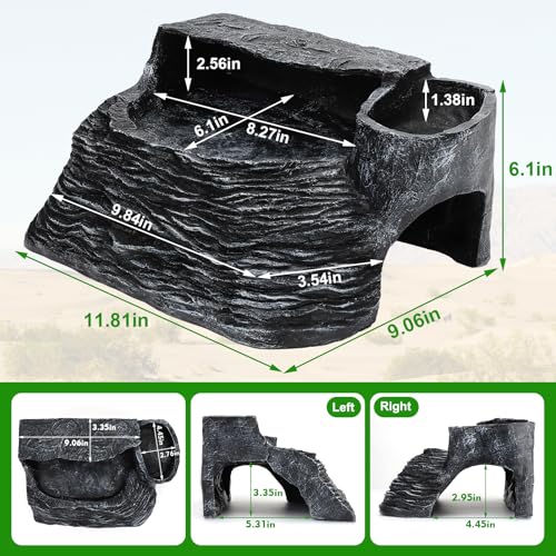 Reptile Hideout Snake Hide Cave Turtle Basking Platform with Food Bowl Shale Scape Step Ledge Climbing Platform Bearded Dragon Tank Accessories Rock Landscaping Decor for Chameleon Lizard Gecko, Large