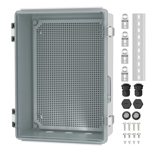 Joinfworld Clear Electrical Enclosure Box 14x10x6 for WiFi Router | Weatherproof ABS box: insulation, vented, DIN rail, grid plate, 2 NPT3/4" glands, wall mount for Light WIFI Security - size: 13.8"x9.8"x5.9" Clear