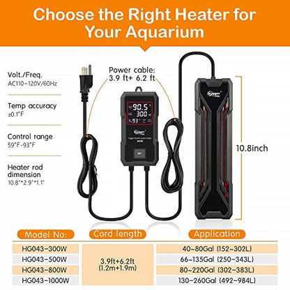 hygger Aquarium Heater 300W/500W/800W/1000W, Submersible Fish Tank Heater with Digital LED Controller and Intelligent Leaving Water Automatically Stop Heating System, for Freshwater and Saltwater