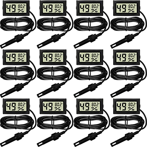 Weewooday Mini Digital Temperature Humidity Meters Gauge with Probe Gauge LCD Fahrenheit Display Thermometer Hygrometer for Incubator Reptile Plant Greenhouse Chicken Coop Garden(Black, 12 Pieces) - size: Black