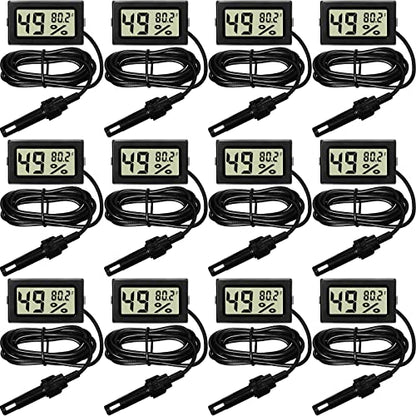 Weewooday Mini Digital Temperature Humidity Meters Gauge with Probe Gauge LCD Fahrenheit Display Thermometer Hygrometer for Incubator Reptile Plant Greenhouse Chicken Coop Garden(Black, 12 Pieces) - size: Black