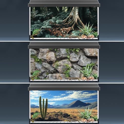 COMSUN 3 Pack Terrarium Background, 30x18 inches Polyester Reptile Background, Cloth Terrarium Background, Tropical Green Tree Fern & Gobi Desert Sunshine Cactus Rock Terrarium Background - size: 30x18 Inch