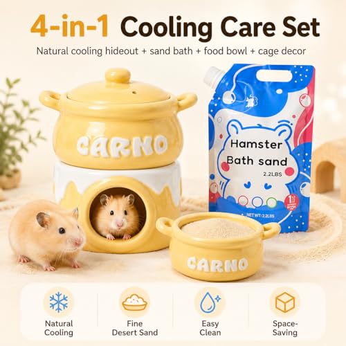 Meow&Woof Ceramic Hamster Hideout & Natural Desert Bath Sand Set, 4-in-1 Cooling Ceramic Cave with 2.2 lb Unscented Low-Dust BathSand, Small Animal House, Bowl and Daily Care Set