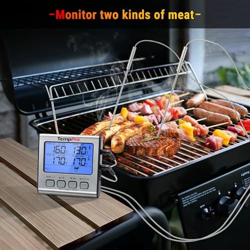 TempPro TP17 Dual Probe Digital Cooking Meat Thermometer Large LCD Backlight Food Grill Thermometer with Timer Mode for Smoker Kitchen Oven BBQ, Silver (Previously ThermoPro) - size: 2-probes